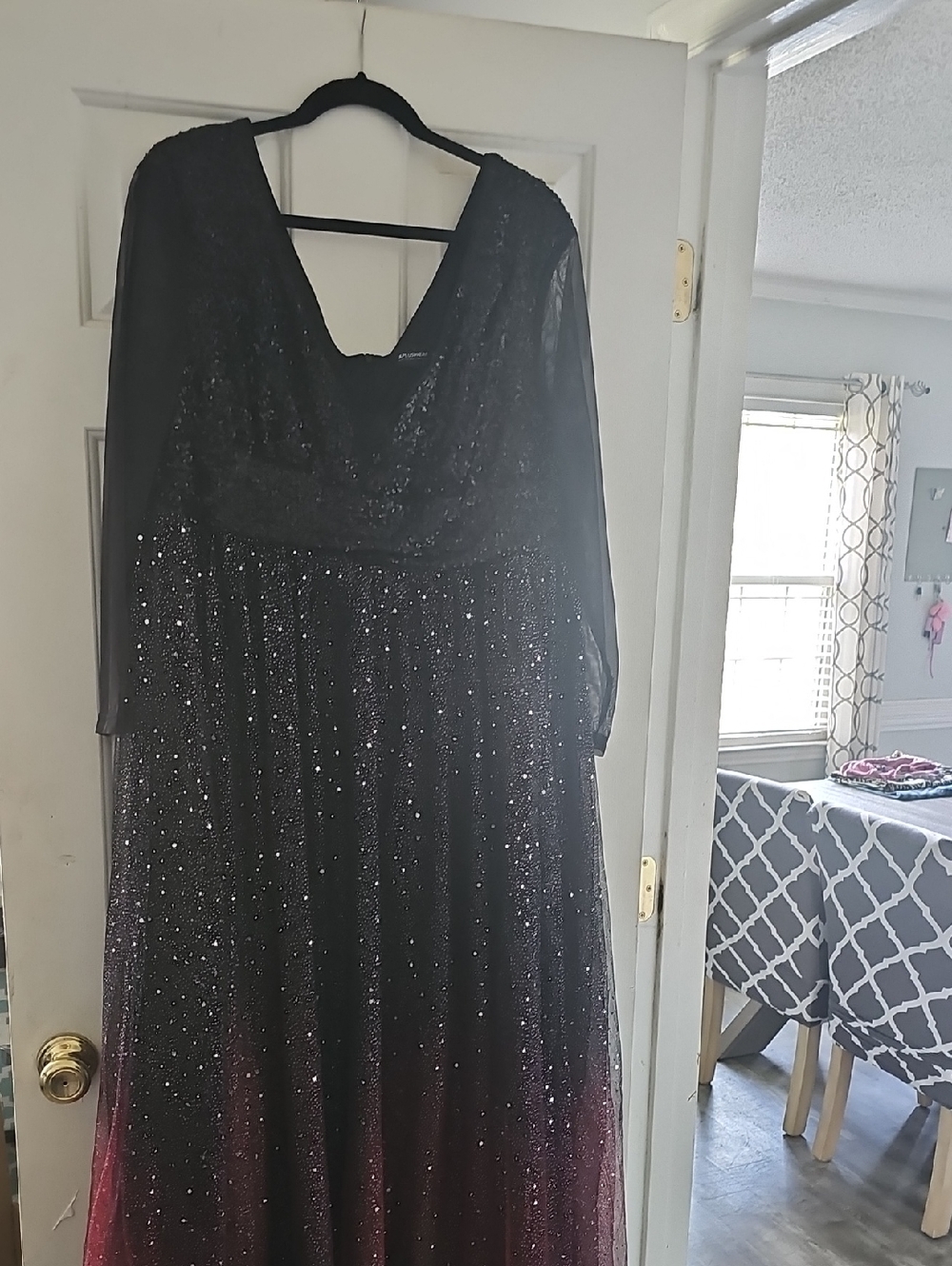 Long Sleeve Ombre Sequin Evening Gown in Black and Deep Purple